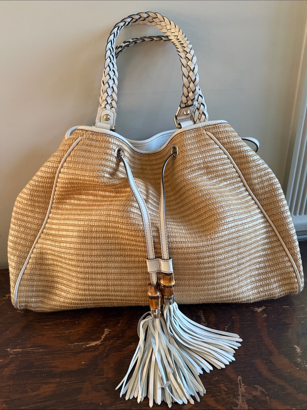 Gucci Beige Straw Tote with White Trim and Tassel Accents